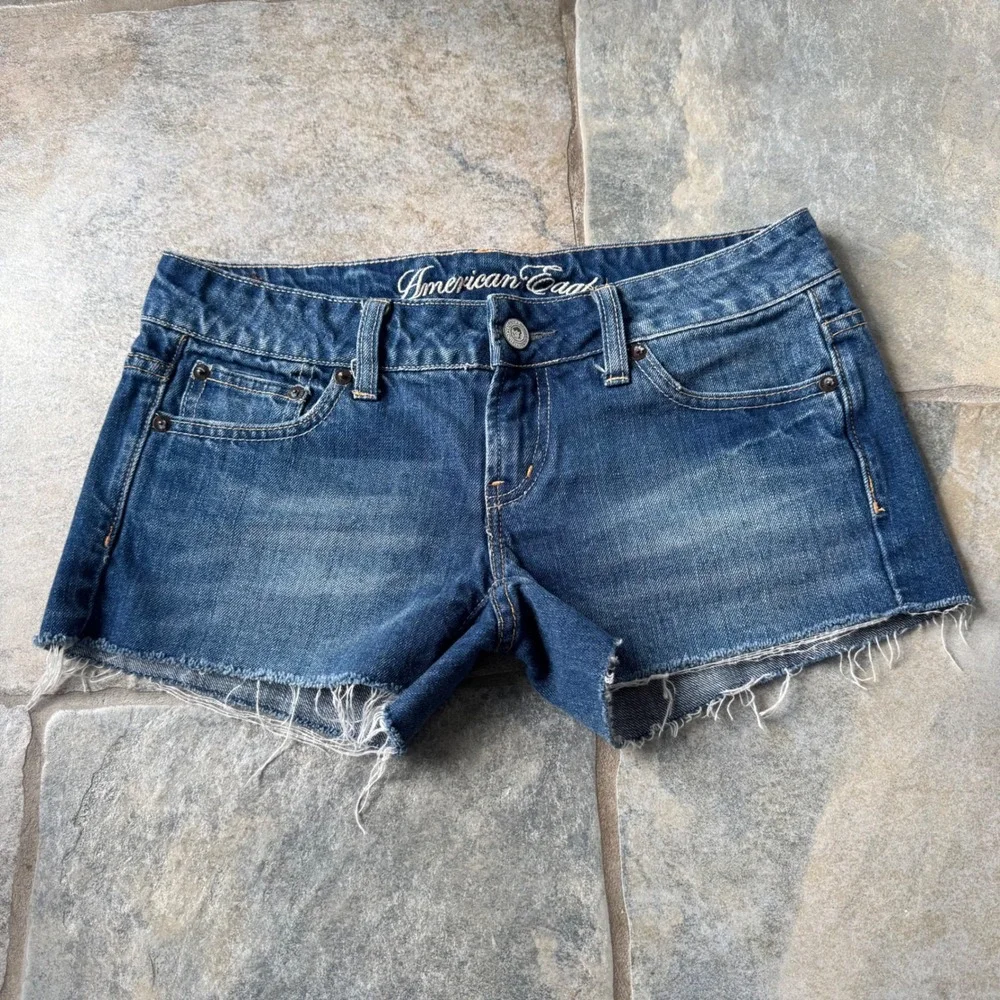 Y2K American Eagle Micro Mini Cutoff Shorts Sz 2 Super Low Rise Pink‎ Stitching